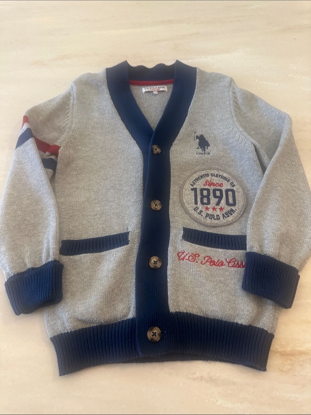 U.S. Polo Assn. Gray & Navy Boys Button-Front Cardigan with Red Accents